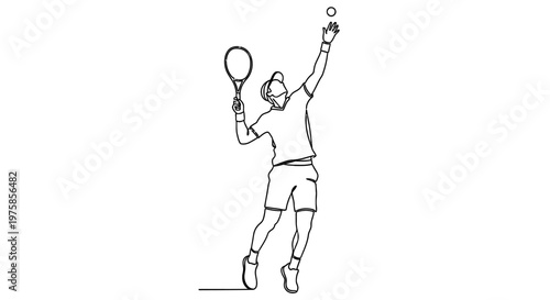Line drawing of a tennis player serving wearing a mask and visor