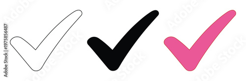 Minimalist check mark icons set, black and pink tick symbols for checklist and approval, 3 vector elements for business task completion