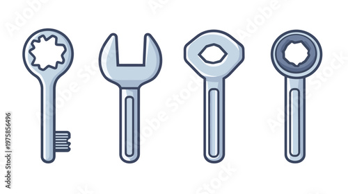 Four stylized, monochromatic wrench tools with varying head shapes on a white backdrop