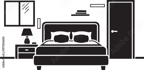A bedroom interior features a large bed with pillows and a headboard next to a nightstand and door.