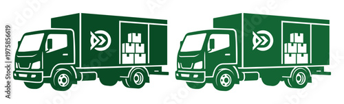 Green delivery truck vector icons, commercial transport vehicle with cargo boxes, logistics and shipping service illustration set