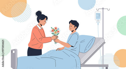 Caring visitor brings flowers to patient in hospital bed, recovery and support concept