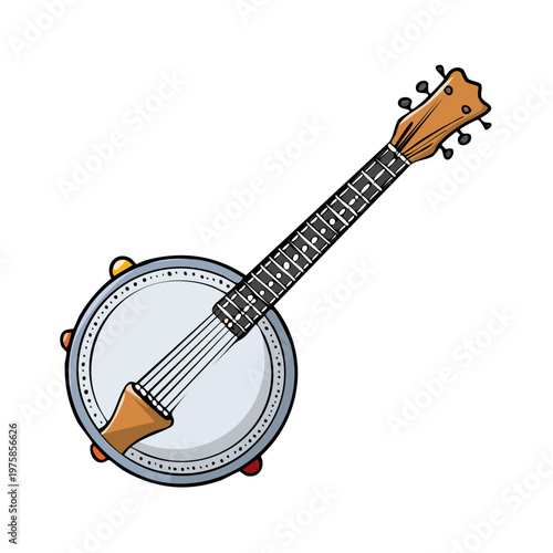 Cartoon illustration of a four stringed banjo musical instrument with detailed frets and tuning pegs