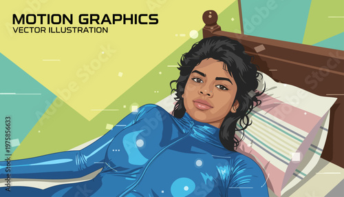 Woman in blue futuristic bodysuit lying on bed, vibrant abstract background, vector illustration