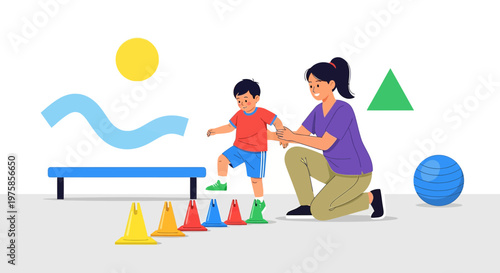 Child Physical Therapy Session: Kid Exercising with Therapist, Cones, and Ball