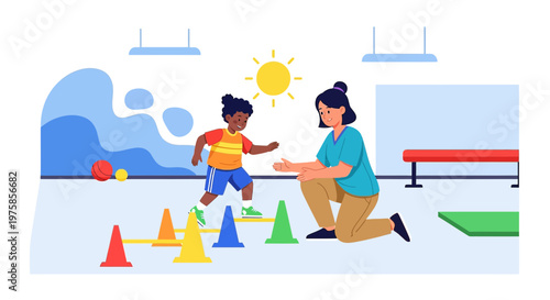 Child Physical Therapy Session: Young Boy Overcomes Obstacles with Therapist Support