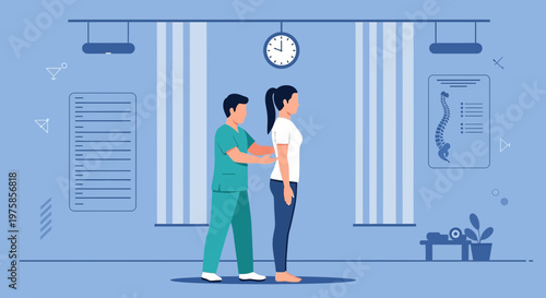 Chiropractor examining patient's posture, spine alignment check, physical therapy session