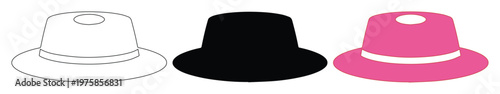 Minimalist boater hat vector icons, set of 3 flat fashion headwear illustrations, black pink and white outline summer sun hat graphics for apparel design
