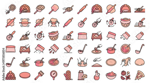 Pizza Making and Cooking Tools Icon Set in Gradient Line Style. A collection of linear icons including pizza peel, oven, roller, cutter, ladle, scraper, kneading