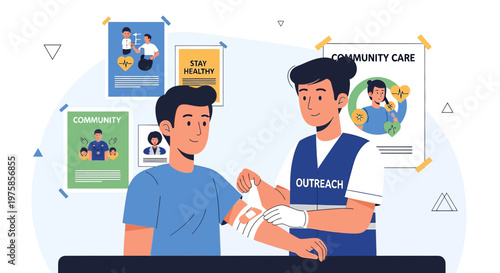 Community outreach worker applies bandage to young man's arm, promoting health and care.