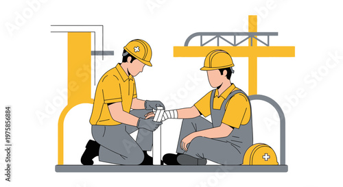 Construction worker bandaging injured colleague's arm at industrial site