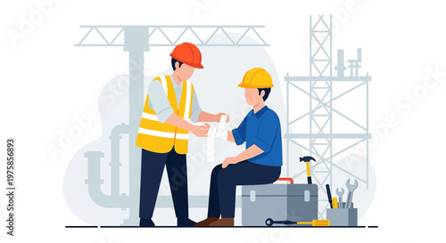 Construction worker giving first aid to injured colleague on site