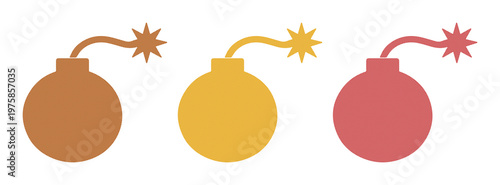 Retro bomb vector icons set, vintage explosive symbols with burning wicks, flat minimalist weapon illustrations in brown yellow and red colors