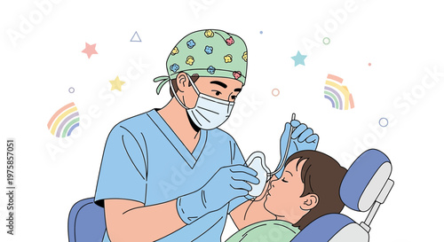 Dentist examining child's teeth with dental tools, colorful background