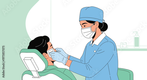 Dentist examining patient's mouth with tools, wearing mask and gloves