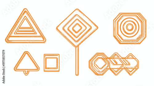 Collection of various orange geometrical shapes with a textured, brushstroke-like appearance on white background