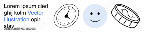 Time management, positivity, finance, design templates, productivity, minimalism. Clock, happy face and coin displayed with placeholder text. Time management and positivity concepts