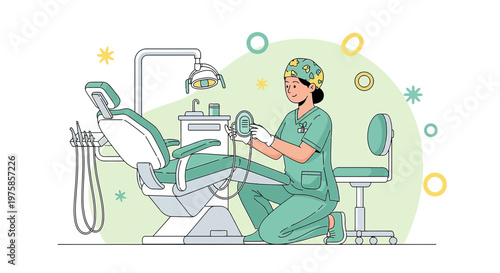 Dentist Preparing Dental Chair for Patient Treatment in Modern Clinic