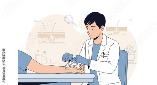 Dermatologist examines patient's hand, skin layers and hair follicle diagrams