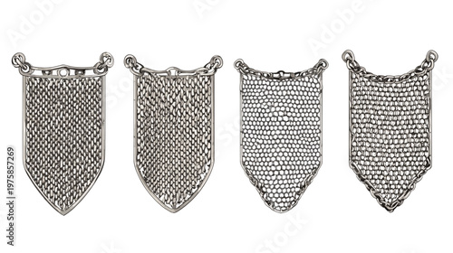 Four stylized, shield-shaped objects, each made of chainmail, and hanging from a metal chain