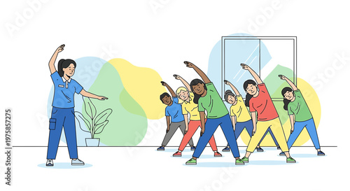 Diverse children exercising with instructor in bright, modern room