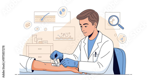 Dermatologist performing skin biopsy on patient's arm, medical examination