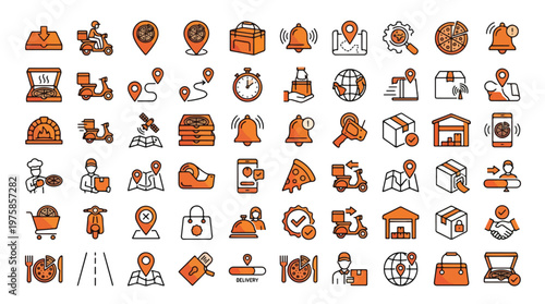 Pizza Delivery and Service Graphic Set in Linear Gradient Style. A collection of Food and Catering Linear Icons, including scooter, box, map, tracking, chef, oven, slice