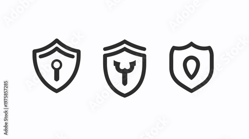 A white background with three stylized black shields, each with different internal designs