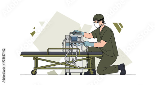 Doctor Adjusting Ventilator Machine Next to Patient Stretcher in Hospital Room