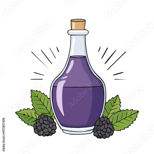 Whimsical Potion Bottle Filled with Vibrant Purple Liquid Surrounded by Blackberries and Mint Leaves