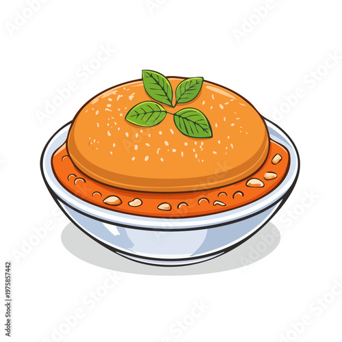 Cartoon illustration of a flavorful tomato soup with a fluffy bread roll and fresh basil leaves garnish