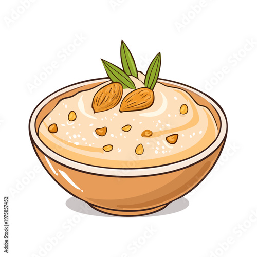 Creamy porridge bowl garnished with almonds and fresh green leaves, healthy breakfast illustration