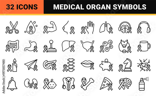 Oncology medical awareness ribbon icons and human organ cancer symbols set.