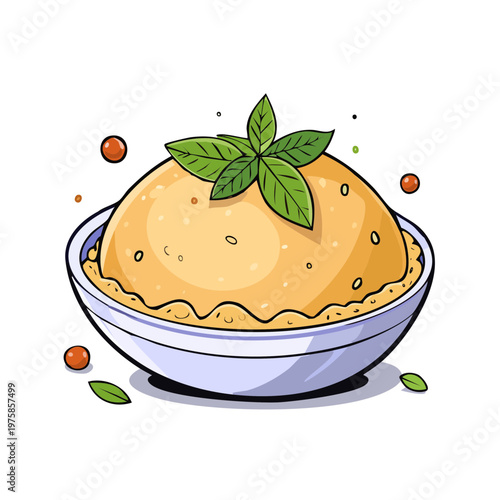 Delicious cartoon mashed potatoes garnished with fresh basil and herbs in a bowl