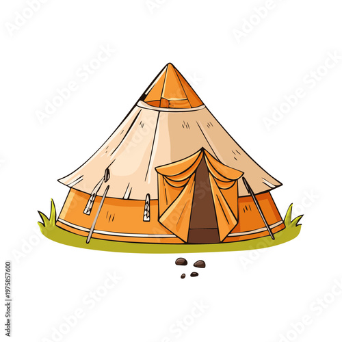 Whimsical Bell Tent Illustration on Green Grass with Pebbles and Open Entrance