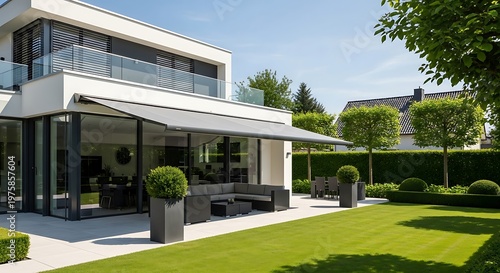 Modern luxury home exterior with spacious patio retractable awning and beautifully landscaped garden lawn