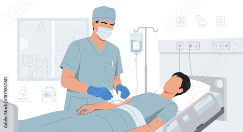 Doctor Administering IV Drip to Patient in Hospital Room