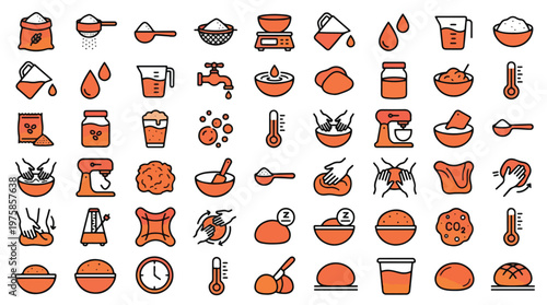 Pizza Dough Preparation Icon Set in Line Style. A collection of linear icons representing dough kneading, flour, yeast, fermentation, temperature, timing, bowl, scales, and more. Vector art.