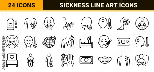 Sickness and medical symptoms line icon set in minimalist style.