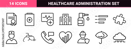 Healthcare management and medical administration minimalist outline icon set