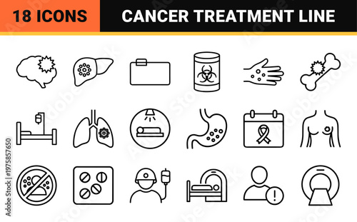 Oncology and cancer treatment minimalist outline icon set