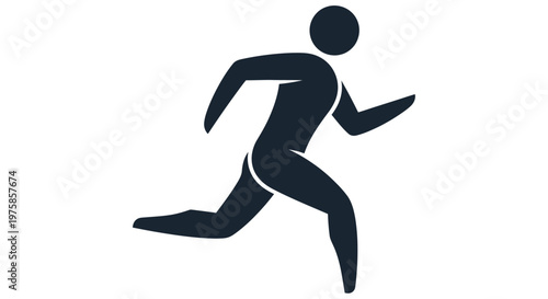 A dark blue silhouette of a person actively running depicted in a minimalist style