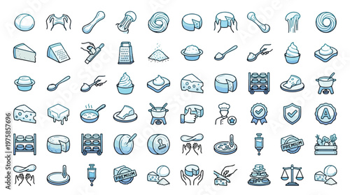 Cheese Production and Pizza Making Web Icon Set in Blue Gradient Line Style. A collection of linear icons including mozzarella, grating, chef, fondue, dough, quality