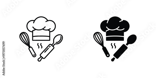 Chef hat, whisk, and rolling pin in outline and solid styles set