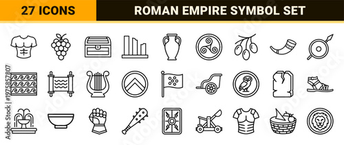Ancient civilization history line icons for Greek and Roman culture