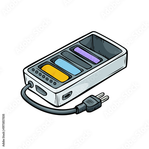 Portable power bank with charging slots and cable plugged in, illustrated device