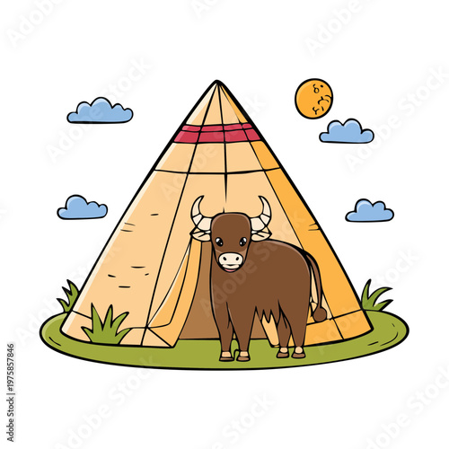 Brown bison standing in front of a conical tent under a sunny sky with clouds
