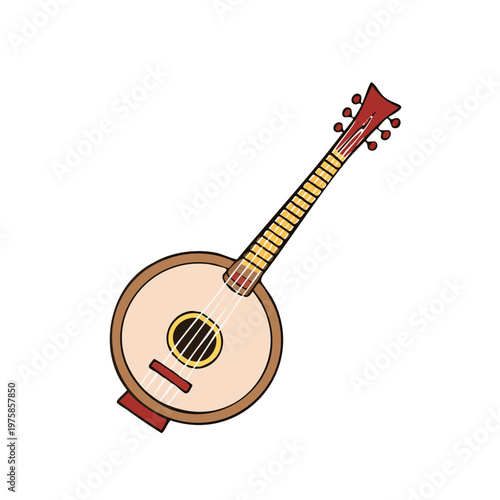 Traditional Round Body Stringed Musical Instrument Illustration with Fretted Neck and Tuners