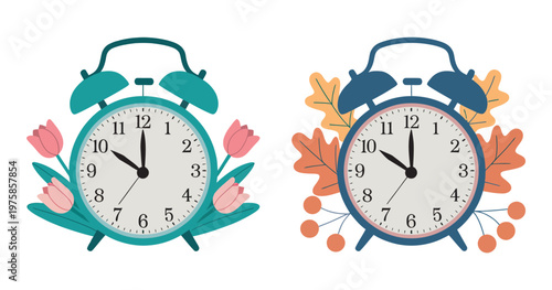 Daylight saving concept, seasonal time change alarm clocks, spring forward tulips, fall back autumn leaves, time shift illustration