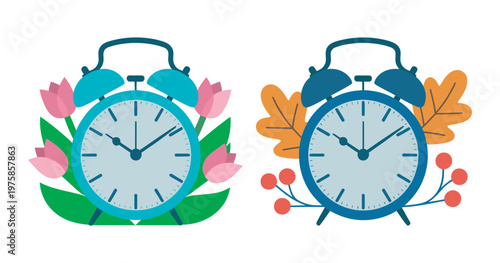 Daylight saving concept, seasonal time change alarm clocks, spring forward tulips, fall back autumn leaves, time shift illustration